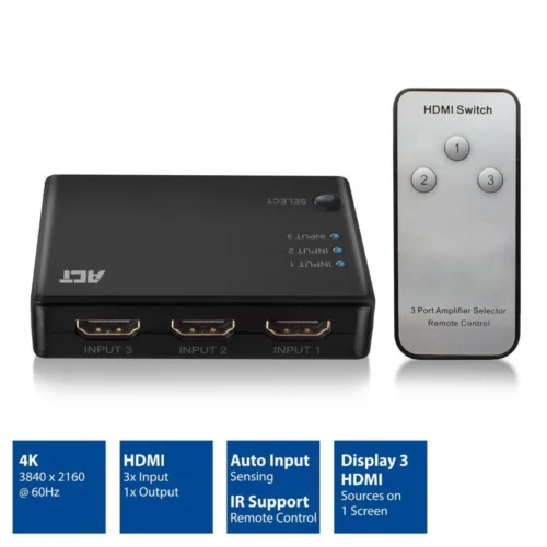 Alternative view of 3 портов HDMI суич ACT , 4K@60Hz, USB, Дистанционно, Черен