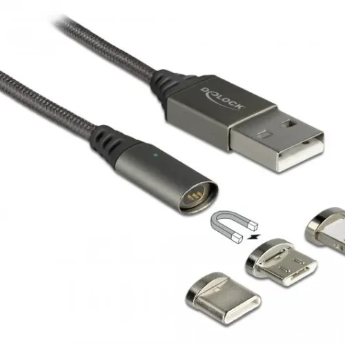 Alternative view of Кабел за зареждане Delock  3 в 1, USB-A мъжко - 8 Pin / Micro USB / USB Type-C, 1м, Черен