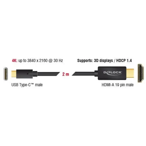 Alternative view of Кабел Delock, USB-C мъжко - HDMI мъжко, 2.0 m, 4K 30 Hz, 2 m, Черен