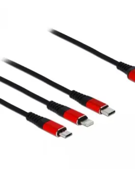 Alternative view of Кабел за зареждане Delock  3 в 1, USB - Lightning/ Micro USB/ USB-C, 1м, Черен/Червен