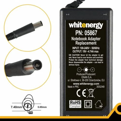 Whitenergy AC адаптер 230V - 19V 4.74A 90W connector 7.4x5.0 mm + pin HP Compaq (05867)