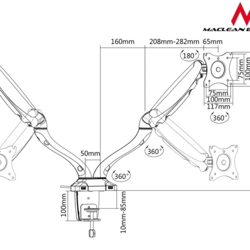 Maclean 2 черен monitors holder MC-674 gas spring 13 -27 6 kgx2