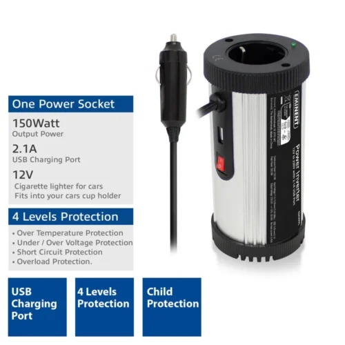 Alternative view of Инвертор Ewent EM3995, DC/AC 12V/230V, 150W, USB 2.1 A, Сребрист