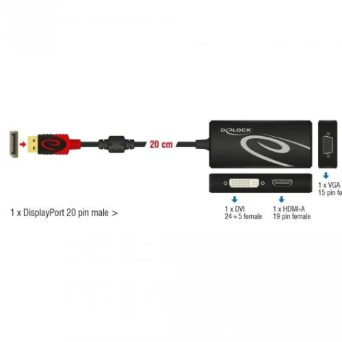 Alternative view of Адаптер DeLock, DisplayPort 1.2 мъжко > VGA / HDMI / DVI женско, 4K