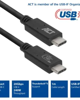 Alternative view of ACT Кабел USB-C - USB-C, 1 м / USB4, 20Gbps, 240W, сертифициран USB-IF