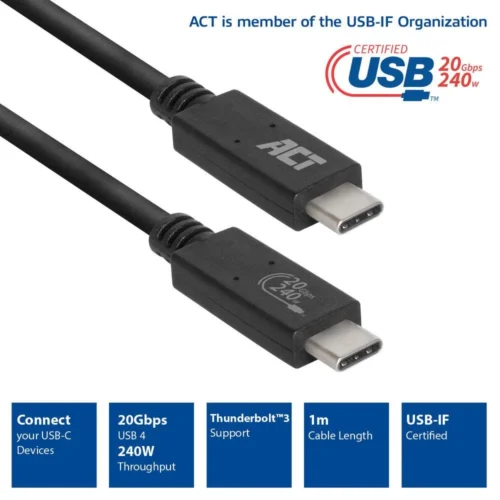 Alternative view of ACT Кабел USB-C - USB-C, 1 м / USB4, 20Gbps, 240W, сертифициран USB-IF