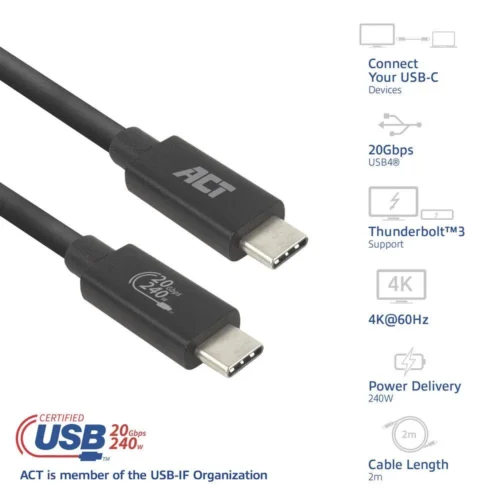 Alternative view of ACT Кабел USB-C - USB-C, 2 м / USB4, 20Gbps, 240W, сертифициран USB-IF
