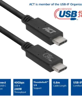 Alternative view of Кабел ACT USB-C - USB-C, 0.8 м / USB4, 40Gbps, 240W, сертифициран USB-IF