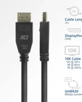 Alternative view of ACT Кабел Display port 2.1 мъжко-мъжко,8К@60Hz,4k@240Hz, 2м, черен
