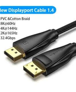 Alternative view of Vention кабел Display Port 1.4 DP M / M 8K 1m - Cotton Braided, Black - HCCBF