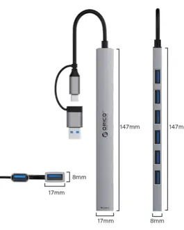 Alternative view of Orico хъб HUB USB-C/USB-A 7 port - USB3.0 x 1, USB2.0 x 6 - YSA2-U3-GY