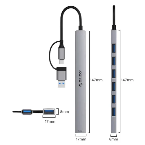 Alternative view of Orico хъб HUB USB-C/USB-A 7 port - USB3.0 x 1, USB2.0 x 6 - YSA2-U3-GY