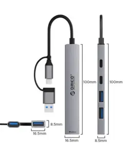 Alternative view of Orico хъб HUB USB-C 5 port - USB3.0 x 1, USB2.0 x 2, USB-C x 2, Aluminium - YSA4-U2-GY