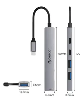 Alternative view of Orico хъб HUB USB-C 5 port - USB3.0 x 1, USB2.0 x 2, USB-C x 2, Aluminium - YSB4-U2-GY