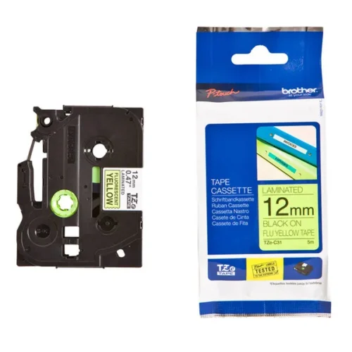 ЛЕНТА ЗА ЕТИКЕТНИ ПРИНТЕРИ BROTHER ТИП TZ - 12 mm x 500 m - BLACK ON FLUORESCENT YELLOW TAPE - PN TZE-C31
