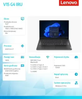 Alternative view of Lenovo Лаптоп V15 G4 83A100QLPB W11Pro i7-13620H/8GB/512GB/INT/15.6 FHD/Business черен/3YR OS