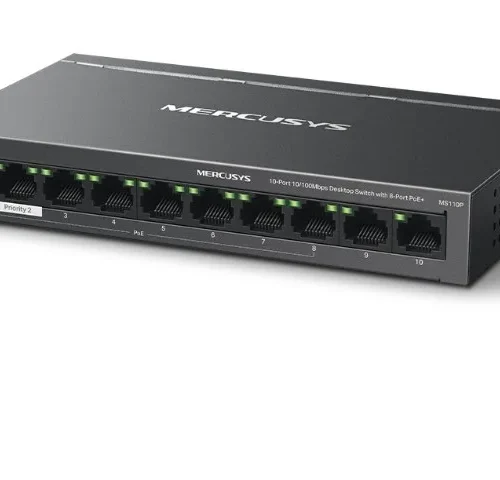Alternative view of TP-LINK 10-Port 10/100M bps Desktop Switch with 8-Port PoE+ PORT: 8× 10/100 Mbps PoE+ Ports, 2× 10/100 Mbps Non-PoE Ports MS110P