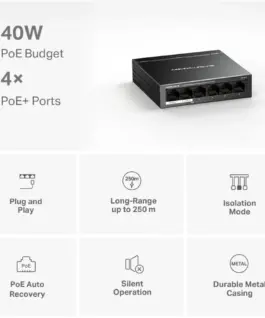 TP-LINK 6-Port 10/100 Mbps Desktop Switch with 4-Port PoE+ PORT: 4× 10/100 Mbps PoE+ Ports