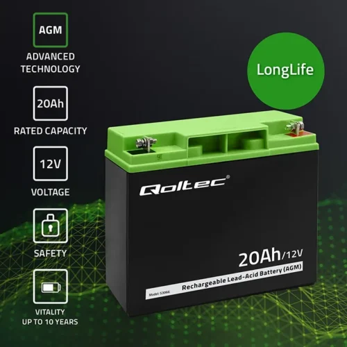 Alternative view of Qoltec AGM battery 12V 20Ah, max. 300A
