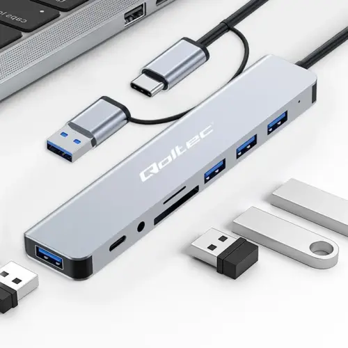 Alternative view of Qoltec HUB 8in1 USB C USB,USB C 4xUSB SD TF card Jack