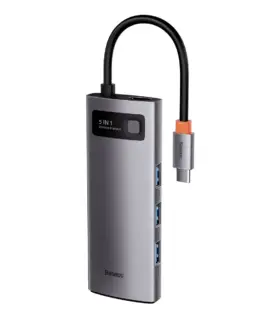 USB хъб Baseus Type-C 5 в 1 с 3х USB 3.0, 1х HDMI, 1х USB-C порта, сив