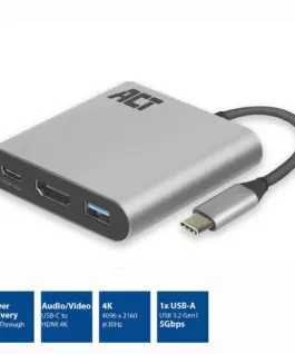 ACT Адаптер USB-C към HDMI 4K";<h5>ACT Адаптер USB-C към HDMI 4K</h5><br/>Конектор 1 : USB Type C<br/>Конектор 2 : HDMI женско<br/>Конектор 2 : USB-C<br/>Конектор 2 : USB-А женско<br/>"