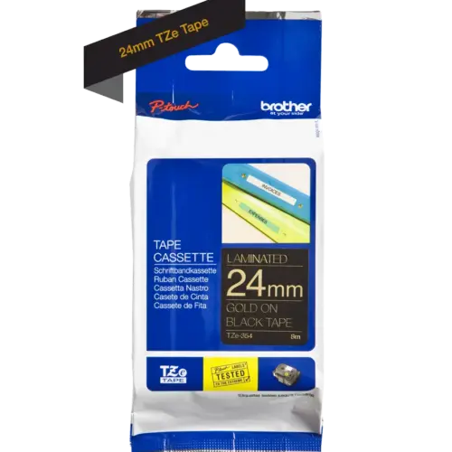 ЛЕНТА ЗА ЕТИКЕТНИ ПРИНТЕРИ BROTHER ТИП TZ - 24 mm x 8 m - GOLD ON BLACK TAPE - PN TZE354