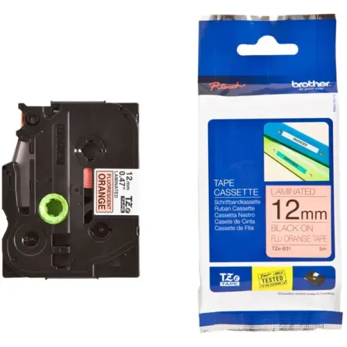 ЛЕНТА ЗА ЕТИКЕТНИ ПРИНТЕРИ BROTHER ТИП TZ - 12 mm x 500 m -  BLACK ON FLUORESCENT ORANGE - PN TZEB31