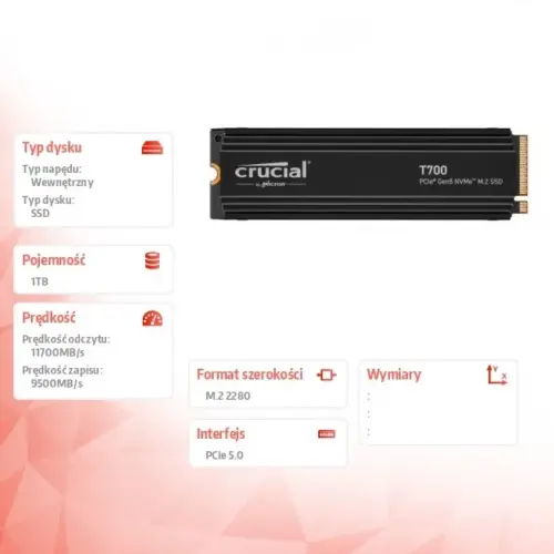 Crucial SSD drive T700 1TB M.2 NVMe 2280 PCIe 5.0 11700/9500