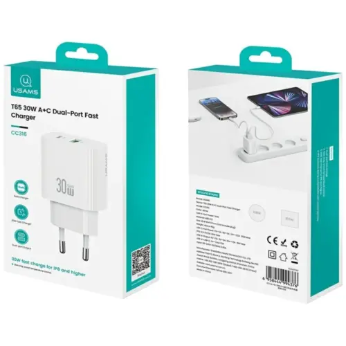 Alternative view of USAMS зарядно 30W 1xUSB-C 1xUSB-A Fast charging w