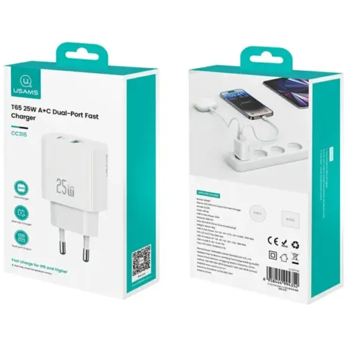 Alternative view of USAMS зарядно 25W 1xUSB-A 1xUSB-A Fast Charging