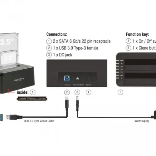 Alternative view of Външна докинг станция Delock 62661, за 2.5"/3.5" HDD/SSD, USB 3.0, Функция за клониране, Черен