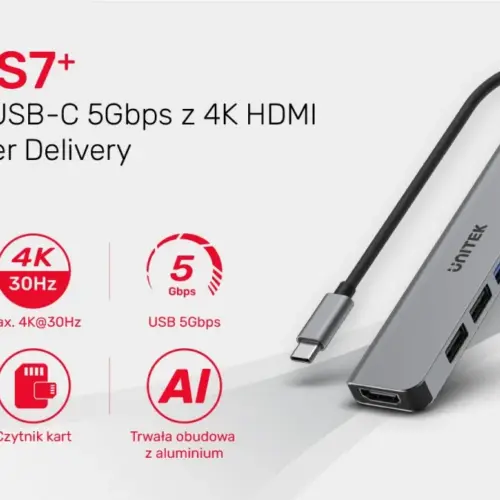 Alternative view of Unitek HUB USB-C 7in1 Aluminium PD 100W , 5 Gbps