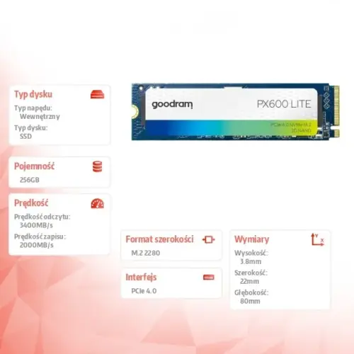 Alternative view of GOODRAM SSD PX600 Lite 256GB M.2 Gen4x4 NVMe 2280 3400/2000MB/s