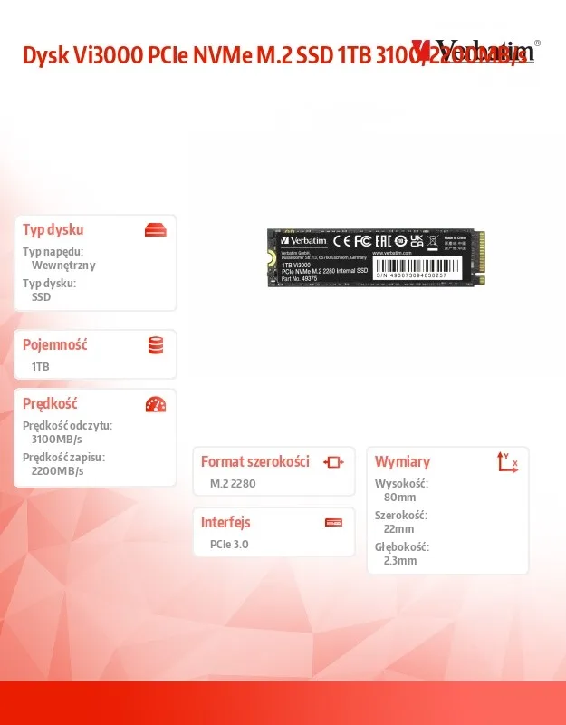 Verbatim Vi3000 PCIe NVMe M.2 SSD 1TB 3100/2200MB/s - Image 5