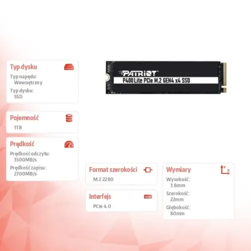 Patriot SSD drive 1TB Viper P400 Lite 3500/2700MB/s PCIe M.2 Gen 4×4
