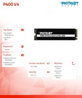 Alternative view of Patriot SSD 500GB P400 V4 5000/3000 MB/s M.2 PCIe Gen4 x4 NVMe 2.0