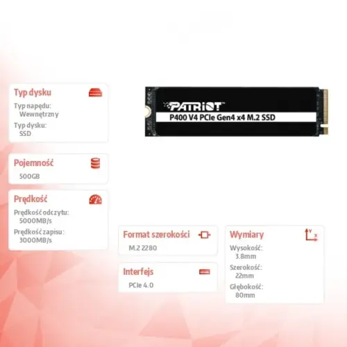 Alternative view of Patriot SSD 500GB P400 V4 5000/3000 MB/s M.2 PCIe Gen4 x4 NVMe 2.0