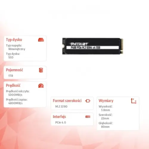 Patriot SSD drive 1TB Viper P400 5000/4800 MB/s M.2 Gen4 x4 NVMe 1.3