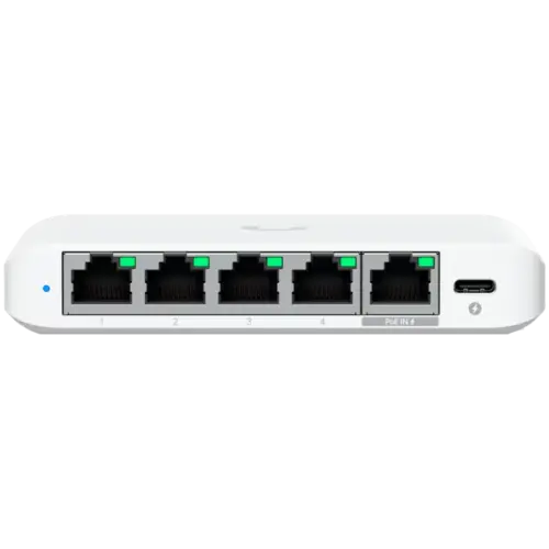 Alternative view of Kомутатор Ubiquiti 5-port 2.5G switch that can be powered with PoE or a USB-C adapter; 4x 2.5 GbE ports, 2.5 GbE PoE input port for power