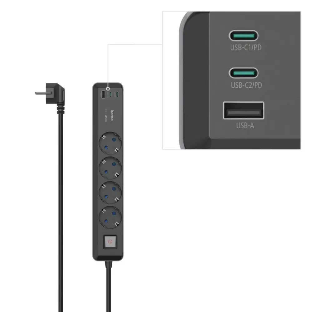Разклонител 4-гнезда USB-C/A 65 W PD HAMA-223189