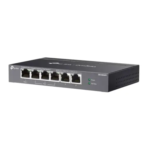 6-портов гигабитов неуправляем комутатор TP-Link Omada DS106GPP с 3-портов PoE+ и 1-портов