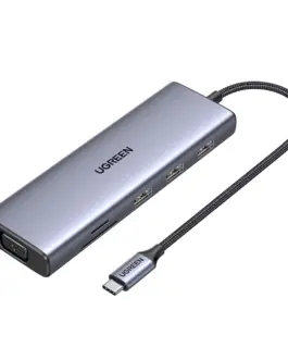 Мултифункционален USB хъб Ugreen CM498 15600 USB-C - 3x USB-A 3.0 / HDMI / VGA / RJ45 / SD / TF Card Reader / USB-C PD - сив