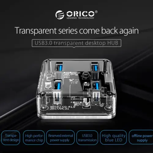 Orico хъб USB3.0 HUB 4 port transparent