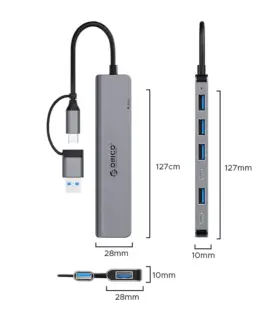 Alternative view of Orico хъб HUB USB-C/USB-A 7 port - USB-C x 2, USB3.0 x 1, USB2.0 x 4, Aluminium - YSA7-U3-GY