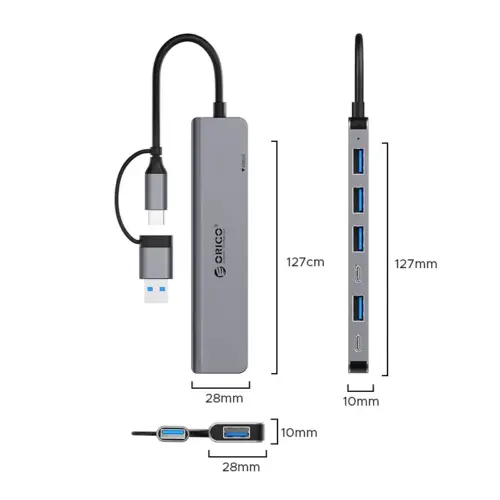 Alternative view of Orico хъб HUB USB-C/USB-A 7 port - USB-C x 2, USB3.0 x 1, USB2.0 x 4, Aluminium - YSA7-U3-GY