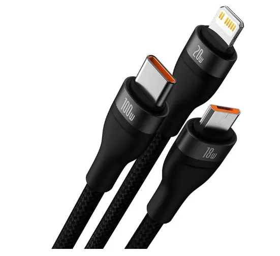 Кабел Baseus CASS030201 3в1 Flash Series USB към USB-C + micro USB + Lightning 100W 1.5м черен - Image 170