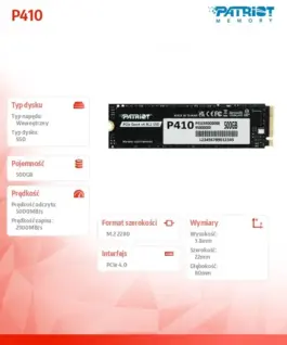 Alternative view of Patriot SSD 500GB P410 PCIe M.2 Gen4 x4 NVMe 1.4 2280 5000/2300MB/s