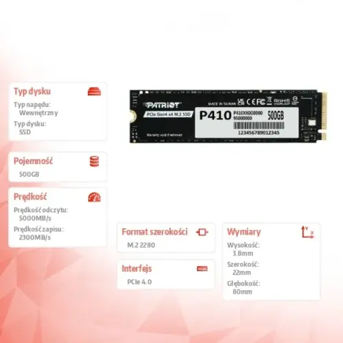 Alternative view of Patriot SSD 500GB P410 PCIe M.2 Gen4 x4 NVMe 1.4 2280 5000/2300MB/s