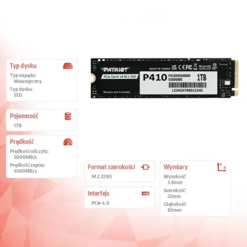 Alternative view of Patriot SSD 1TB P410 PCIe M.2 Gen4 x4 NVMe 1.4 2280 5000/4500MB/s